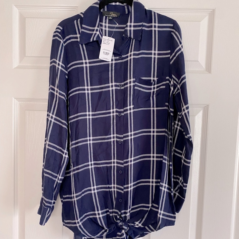 Blue tie front plaid shirt